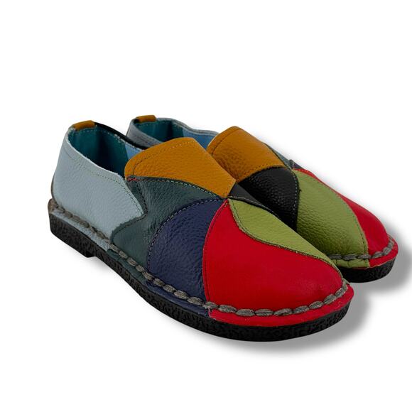 Artsy Pebbled Leather Pinwheel Rainbow Colorful Loafer Shoes Womens Sz 39 8 - Picture 3 of 6